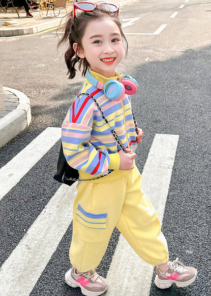 Fashion Pink Striped Zippered Kids Top And Pants Two Pieces Set Spring TR022 ABC