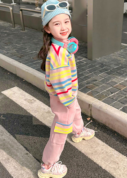 Fashion Pink Striped Zippered Kids Top And Pants Two Pieces Set Spring TR022 ABC