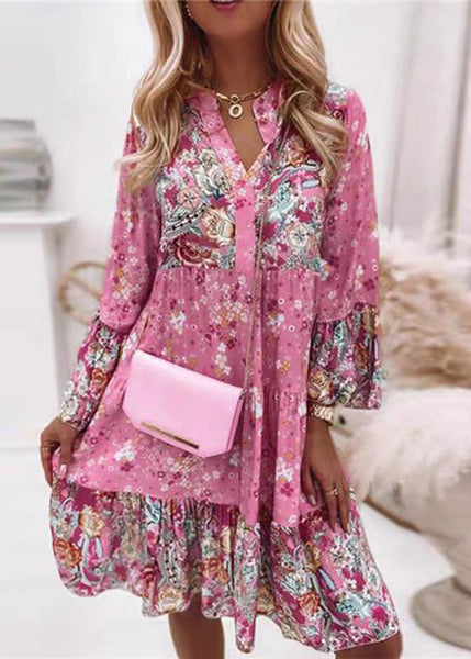 Fashion Fall Pink Mid Dresses V Wrinkled Print Neck FashionChic