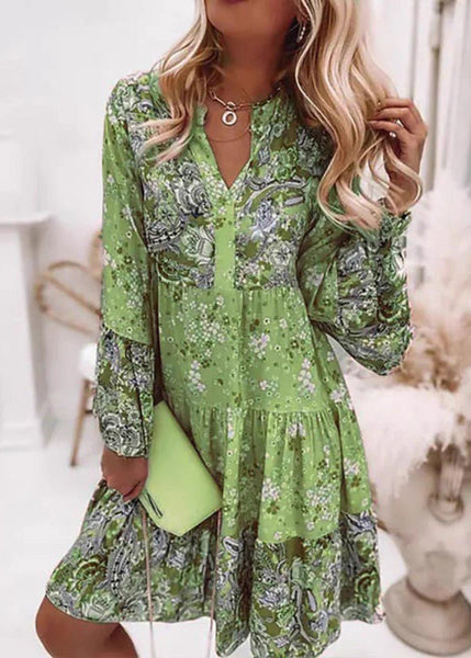 Fashion Fall Pink Mid Dresses V Wrinkled Print Neck FashionChic