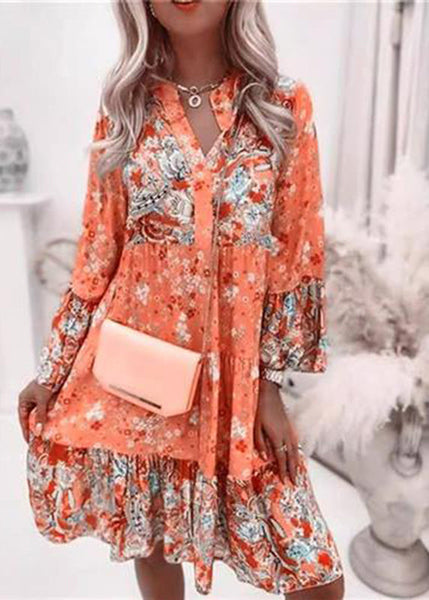 Fashion Fall Pink Mid Dresses V Wrinkled Print Neck FashionChic