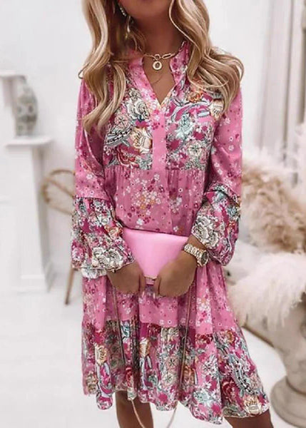 Fashion Fall Pink Mid Dresses V Wrinkled Print Neck FashionChic