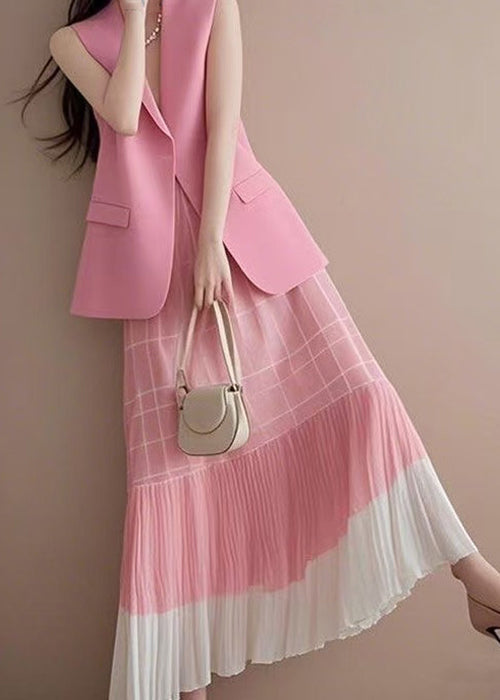 Pieces Pink Skirts Two And V Fashion Neck Waistcoat Set Wrinkled FashionChic