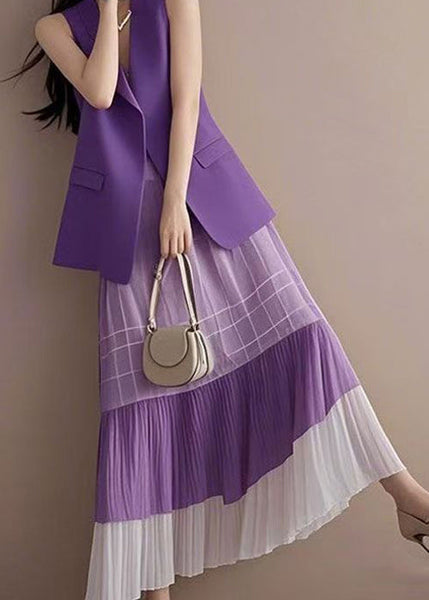 Pieces Pink Skirts Two And V Fashion Neck Waistcoat Set Wrinkled FashionChic