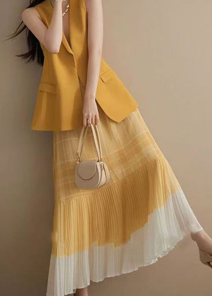 Pieces Pink Skirts Two And V Fashion Neck Waistcoat Set Wrinkled FashionChic