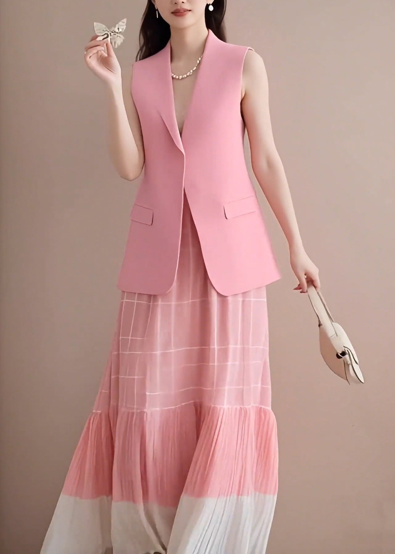 Pieces Pink Skirts Two And V Fashion Neck Waistcoat Set Wrinkled FashionChic