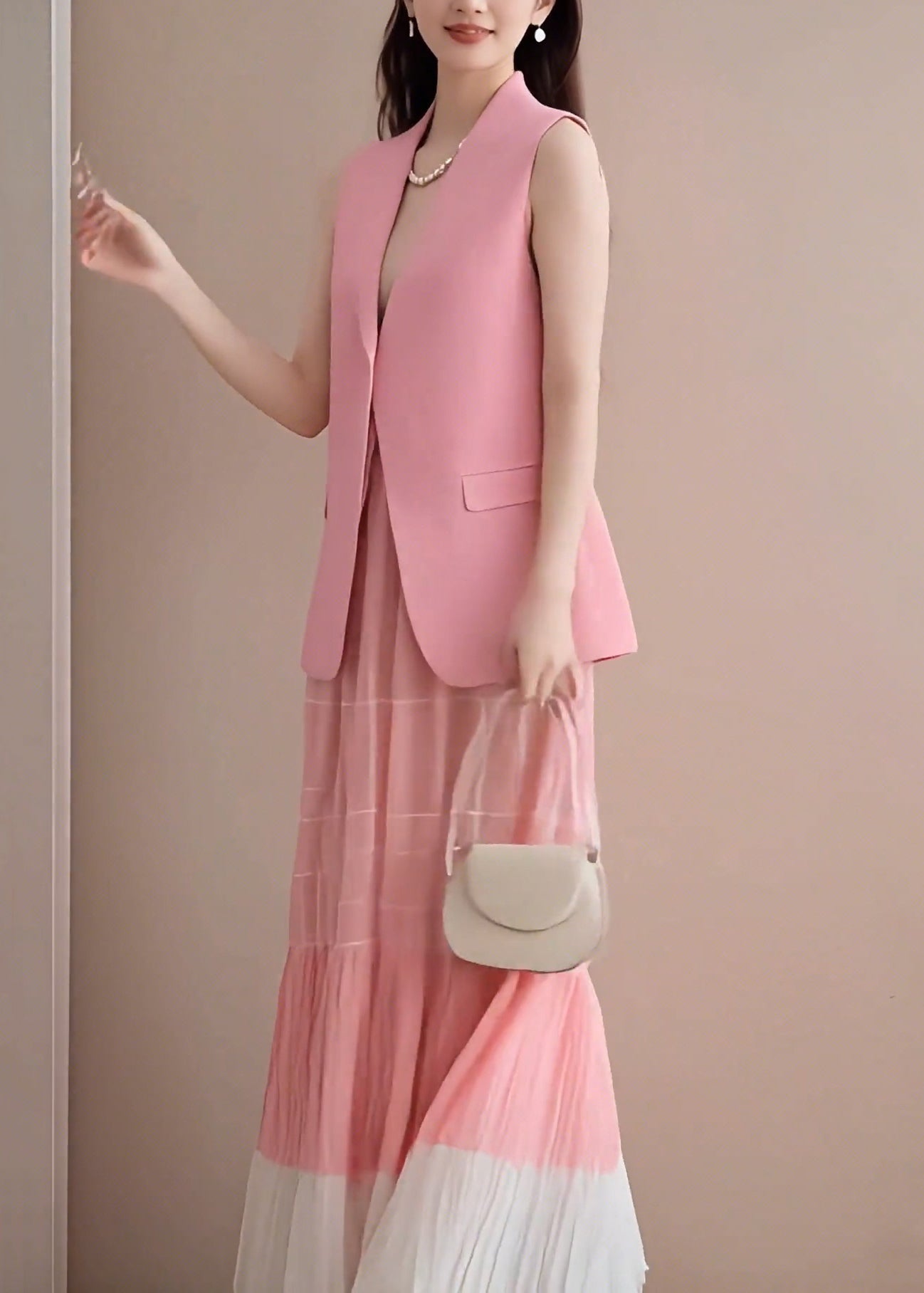 Pieces Pink Skirts Two And V Fashion Neck Waistcoat Set Wrinkled FashionChic