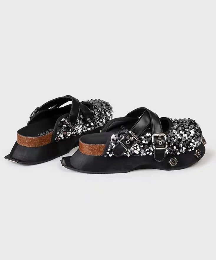 Fashion Platform Slide Sandals Black Cowhide Leather Sequins DD1013 Shoe-LT240605