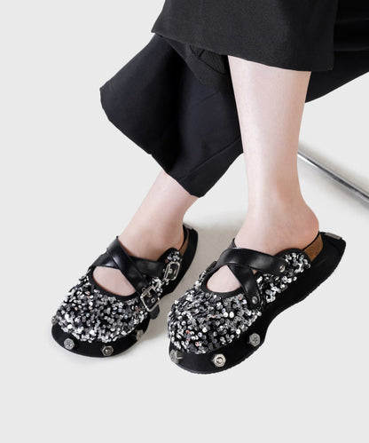 Fashion Platform Slide Sandals Black Cowhide Leather Sequins DD1013 Shoe-LT240605