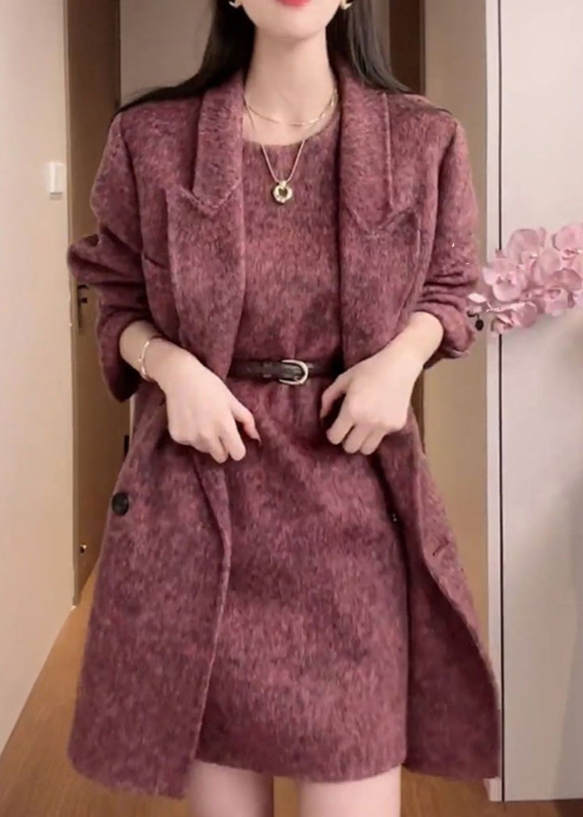 Fashion Purple Coat And Dress Woolen 2 Piece Outfit Winter RF015 ABC