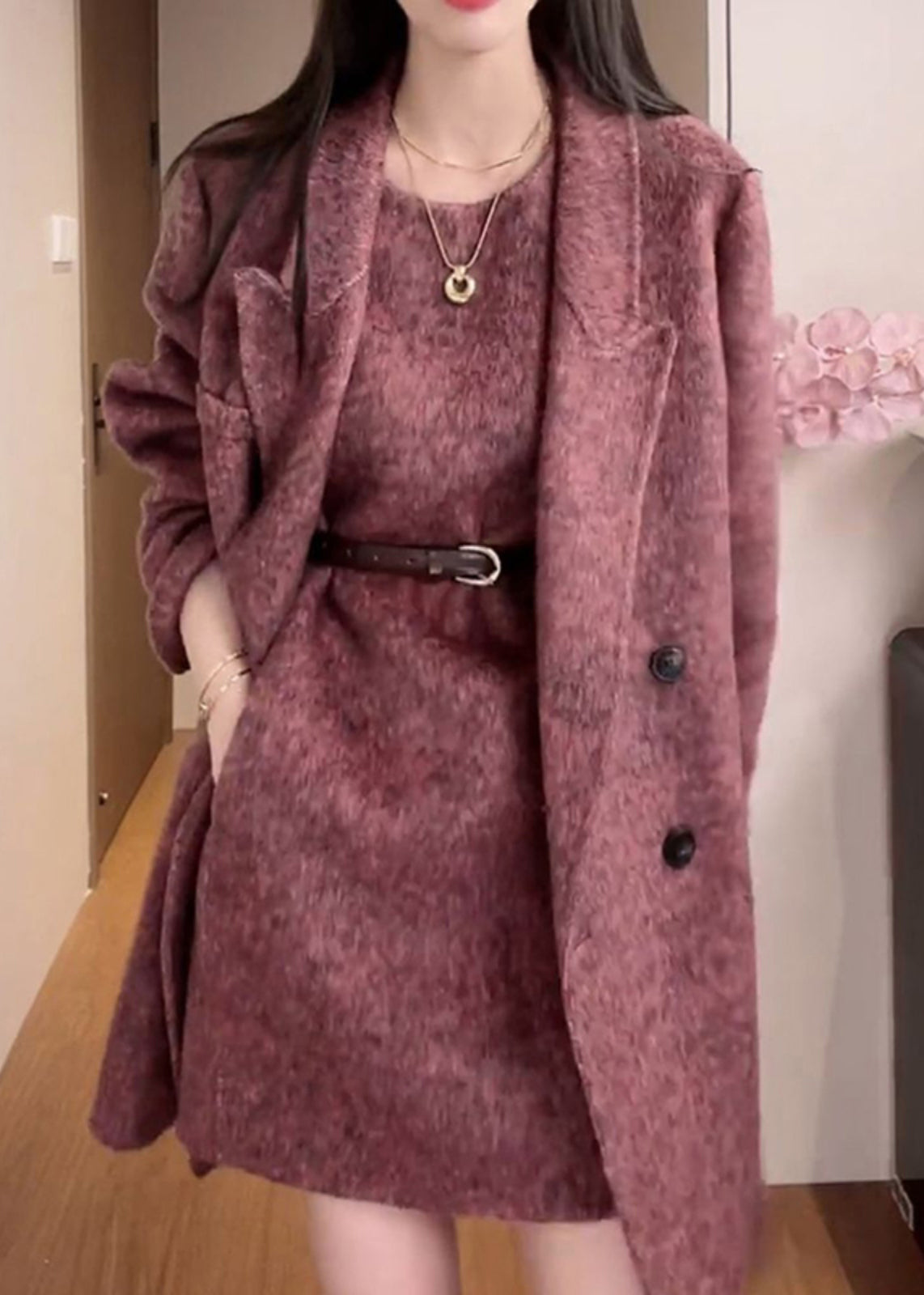 Fashion Purple Coat And Dress Woolen 2 Piece Outfit Winter RF015 ABC