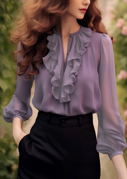 Shirt Purple Bracelet Ruffled Sleeve Fashion Chiffon Solid FashionChic