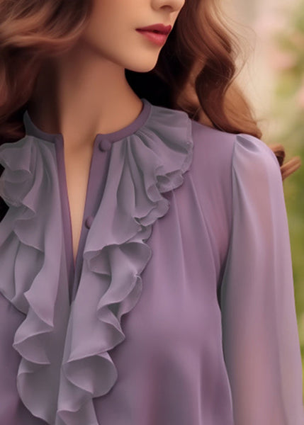 Shirt Purple Bracelet Ruffled Sleeve Fashion Chiffon Solid FashionChic