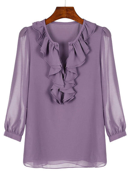 Shirt Purple Bracelet Ruffled Sleeve Fashion Chiffon Solid FashionChic