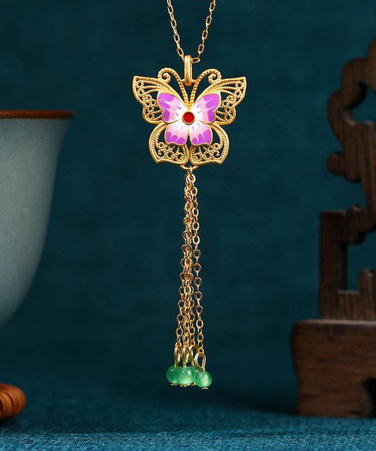 Fashion Purple Sterling Silver Overgild Agate Butterfly Tassel Pendant Necklace KX1063 Ada Fashion