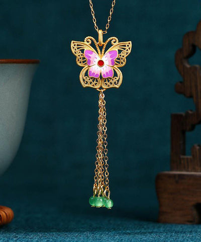 Fashion Purple Sterling Silver Overgild Agate Butterfly Tassel Pendant Necklace KX1063 Ada Fashion
