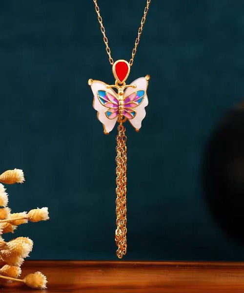 Fashion Purple Sterling Silver Overgild Agate Butterfly Tassel Pendant Necklace KX1063 Ada Fashion