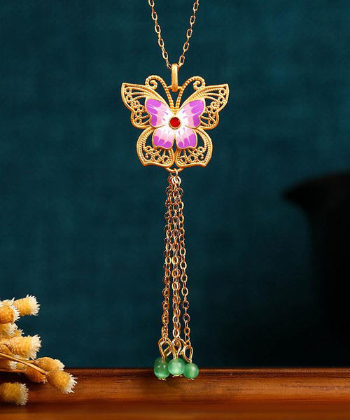 Fashion Purple Sterling Silver Overgild Agate Butterfly Tassel Pendant Necklace KX1063 Ada Fashion
