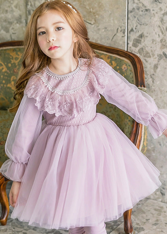 Fashion Purple Tassek Warm Fleece Tulle Girls Maxi Dress Flare Sleeve TG003