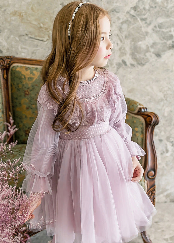 Fashion Purple Tassek Warm Fleece Tulle Girls Maxi Dress Flare Sleeve TG003