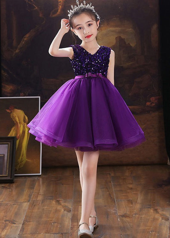 Fashion Purple V Neck Tulle Patchwork Sequins Girls Mid Dress Sleeveless EW005 WS-JRTZSDM240810