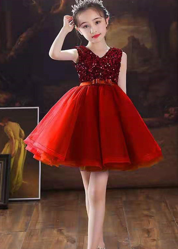 Fashion Purple V Neck Tulle Patchwork Sequins Girls Mid Dress Sleeveless EW005 WS-JRTZSDM240810