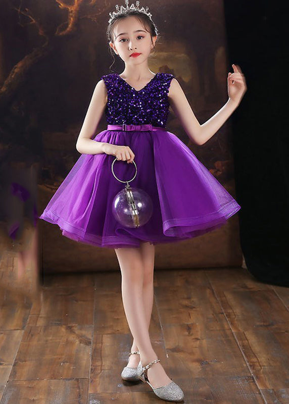 Fashion Purple V Neck Tulle Patchwork Sequins Girls Mid Dress Sleeveless EW005 WS-JRTZSDM240810