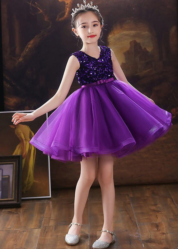 Fashion Purple V Neck Tulle Patchwork Sequins Girls Mid Dress Sleeveless EW005 WS-JRTZSDM240810