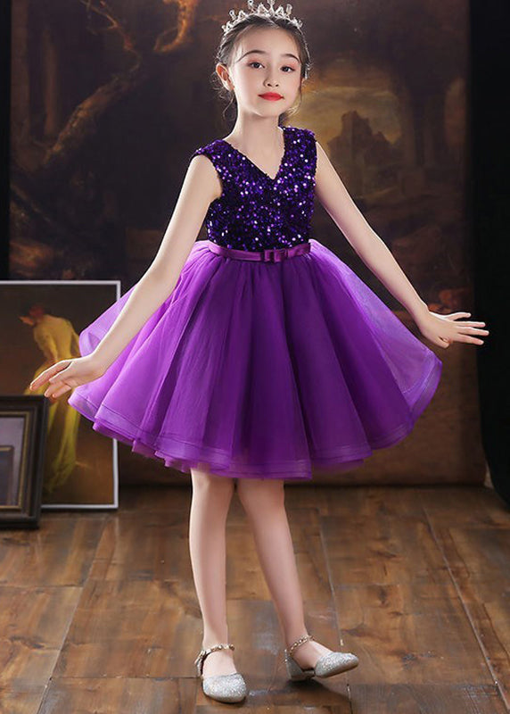 Fashion Purple V Neck Tulle Patchwork Sequins Girls Mid Dress Sleeveless EW005 WS-JRTZSDM240810