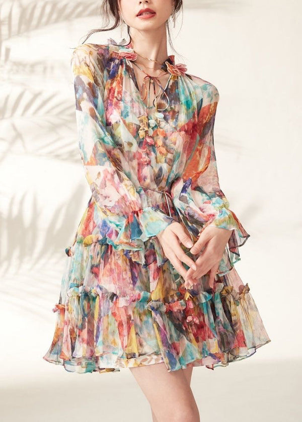 Fashion Rainbow Print Ruffled Lace Tie Mid Dresses Spring UU1048 SH-LF-FDM240526