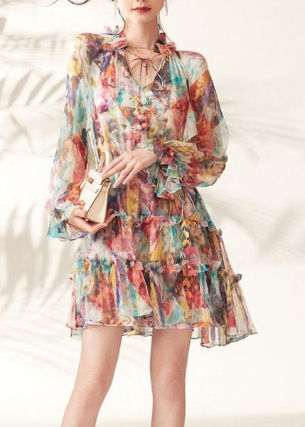 Fashion Rainbow Print Ruffled Lace Tie Mid Dresses Spring UU1048 SH-LF-FDM240526