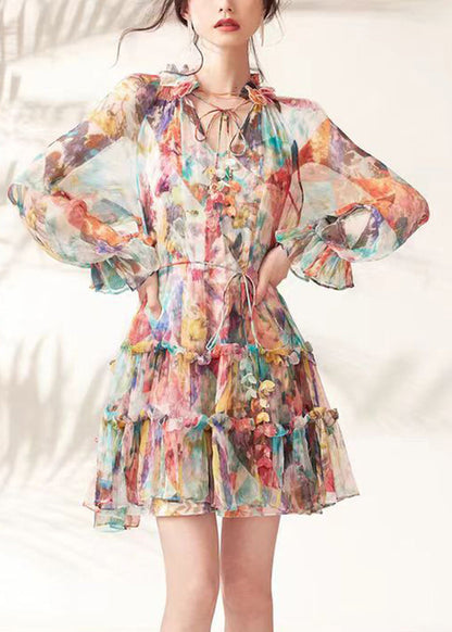 Fashion Rainbow Print Ruffled Lace Tie Mid Dresses Spring UU1048 SH-LF-FDM240526