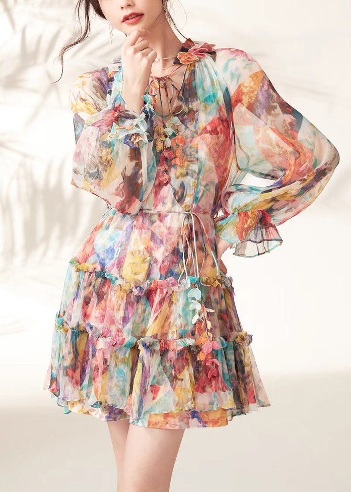 Fashion Rainbow Print Ruffled Lace Tie Mid Dresses Spring UU1048 SH-LF-FDM240526