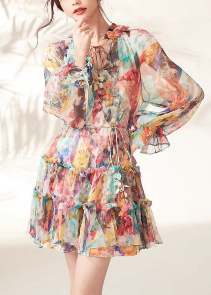 Fashion Rainbow Print Ruffled Lace Tie Mid Dresses Spring UU1048 SH-LF-FDM240526