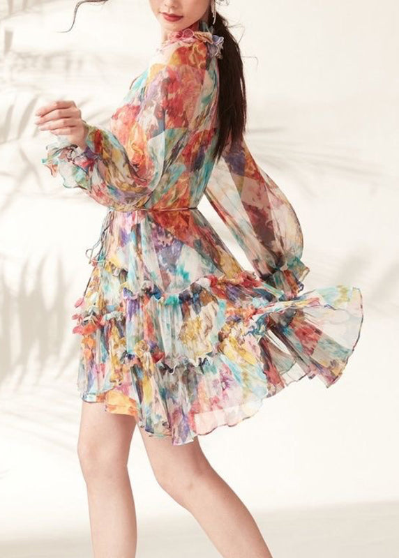 Fashion Rainbow Print Ruffled Lace Tie Mid Dresses Spring UU1048 SH-LF-FDM240526