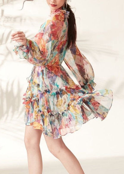 Fashion Rainbow Print Ruffled Lace Tie Mid Dresses Spring UU1048 SH-LF-FDM240526