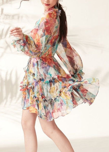 Fashion Rainbow Print Ruffled Lace Tie Mid Dresses Spring UU1048 SH-LF-FDM240526