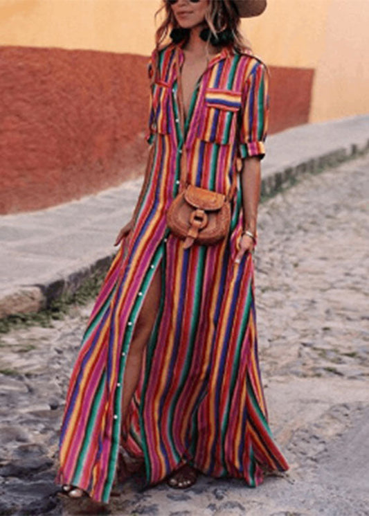 Fashion Rainbow Striped Button Tie Waist Maxi Shirts Dresses Summer VB1040 Ada Fashion