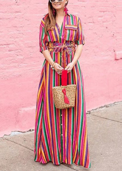 Fashion Rainbow Striped Button Tie Waist Maxi Shirts Dresses Summer VB1040 Ada Fashion