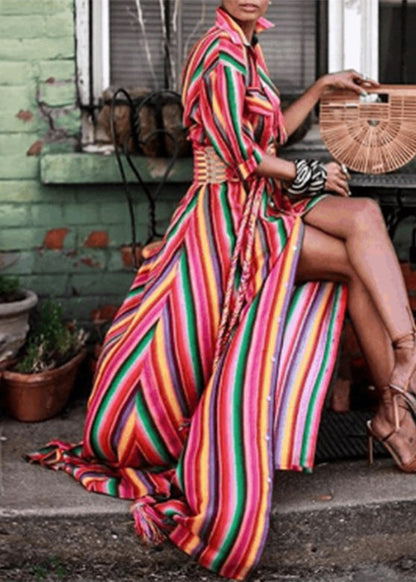 Fashion Rainbow Striped Button Tie Waist Maxi Shirts Dresses Summer VB1040 Ada Fashion
