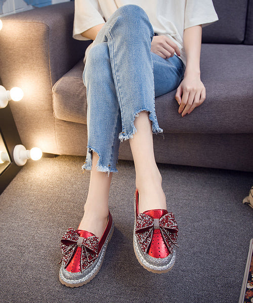 Zircon Splicing Red Penny Bow Fashion Loafers FashionChic
