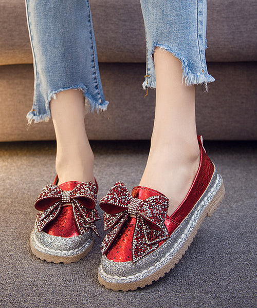 Zircon Splicing Red Penny Bow Fashion Loafers FashionChic