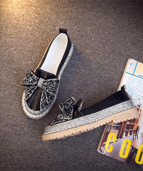 Zircon Splicing Red Penny Bow Fashion Loafers FashionChic