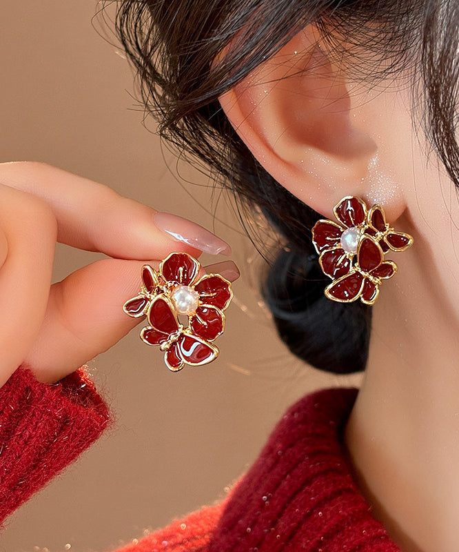 Fashion Red Copper Alloy Butterfly Pearl Stud Earrings RB024 ABC