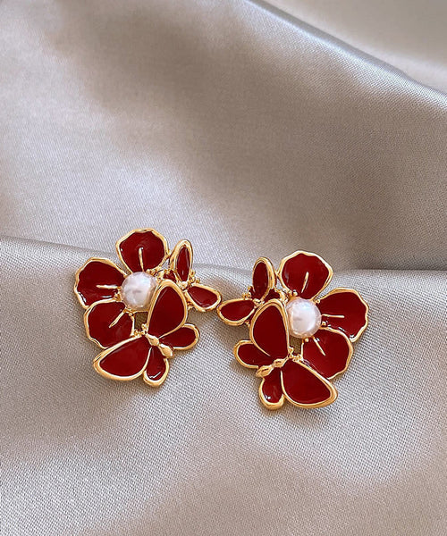 Fashion Red Copper Alloy Butterfly Pearl Stud Earrings RB024 ABC