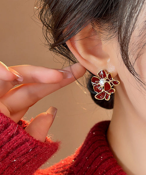 Fashion Red Copper Alloy Butterfly Pearl Stud Earrings RB024 ABC