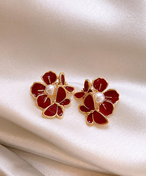 Fashion Red Copper Alloy Butterfly Pearl Stud Earrings RB024 ABC