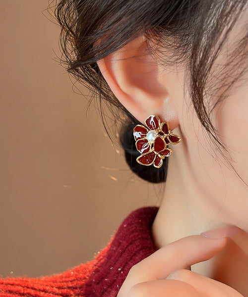 Fashion Red Copper Alloy Butterfly Pearl Stud Earrings RB024 ABC