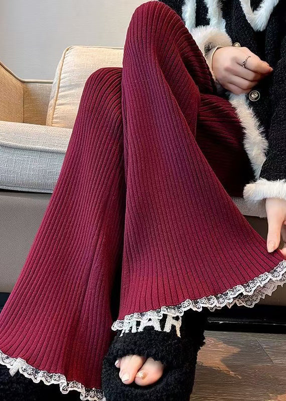 Fashion Red Drawstring Lace Patchwork Knit Flared Trousers Spring TN028 ABC