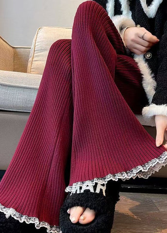 Fashion Red Drawstring Lace Patchwork Knit Flared Trousers Spring TN028 ABC